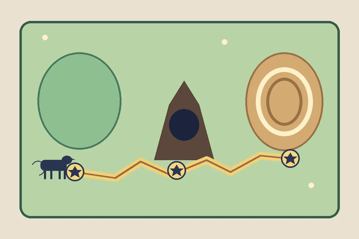 Editorial route showing a Horsey Game horse traveling between a ranch, cave, race track, and achievement markers