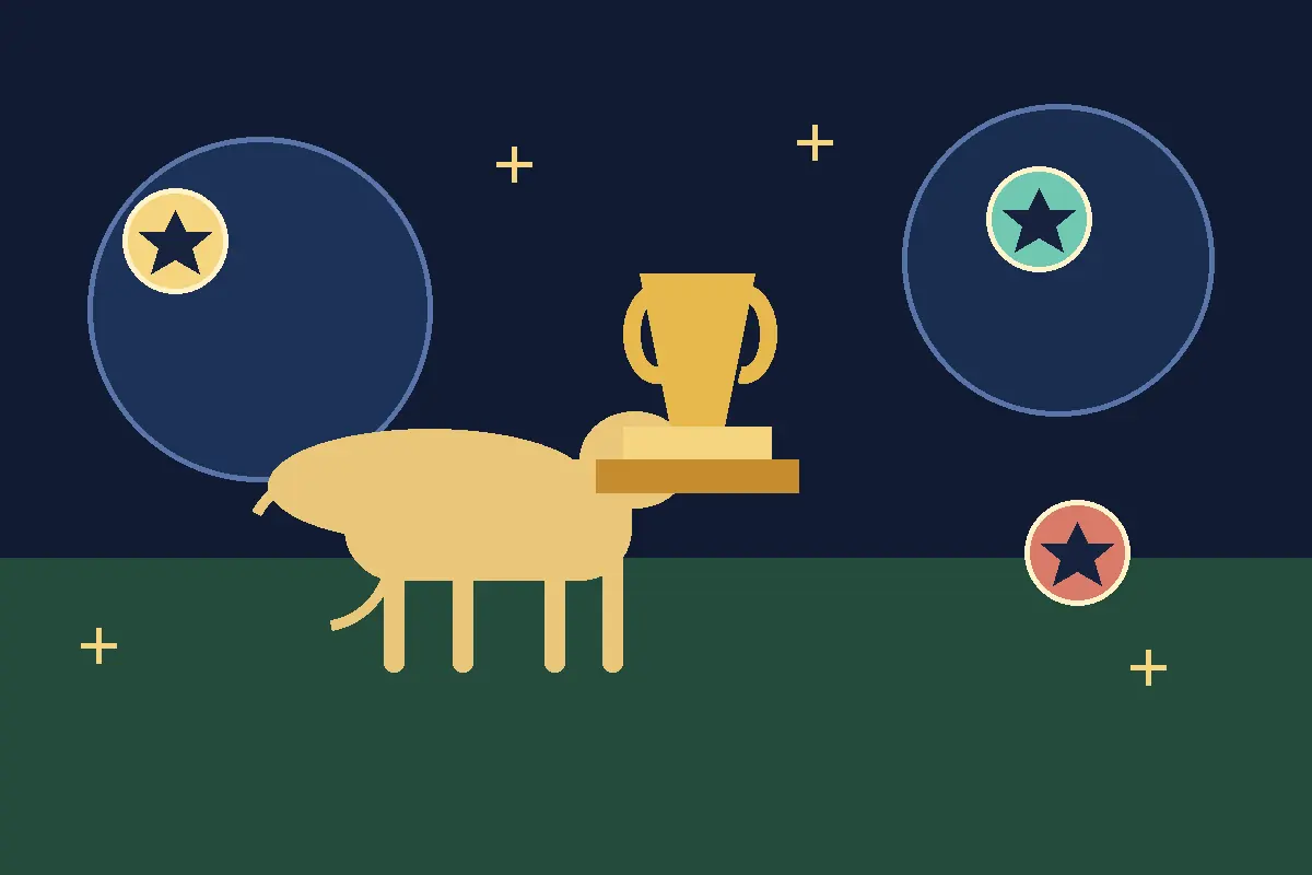 Editorial illustration of a Horsey Game creature beside a trophy and three achievement badges