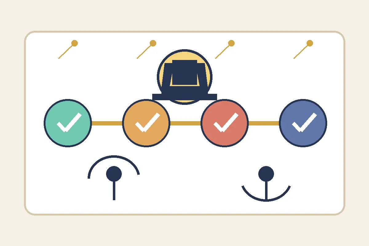 Editorial checklist illustration with four checked achievement branches and a trophy at the center