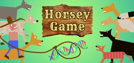 Grafica ufficiale Steam di Horsey Game con cavalli e un’elica di DNA