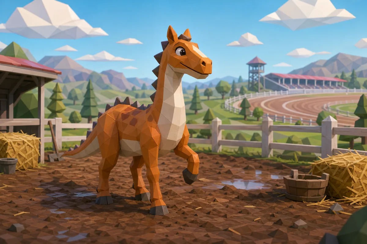 Editorial illustration of a dinosaur-like Horsey Game creature in a ranch paddock