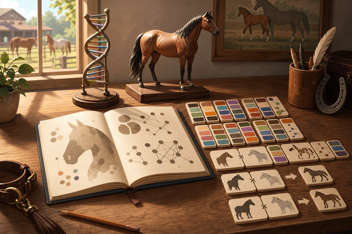Horsey GameのDNAテスト手順を示す、ゲノムタイルと馬ビルドノートのイラスト