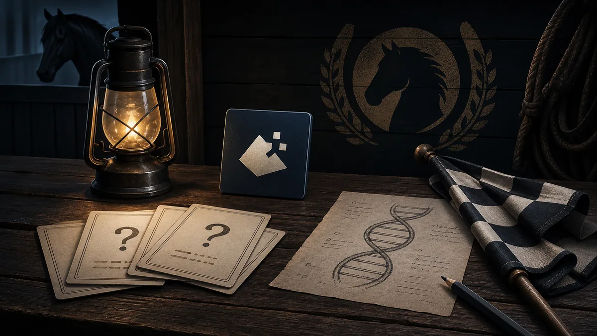 Editorial Horsey Game FAQ illustration with question cards, DNA notes, racing flag, and stable desk