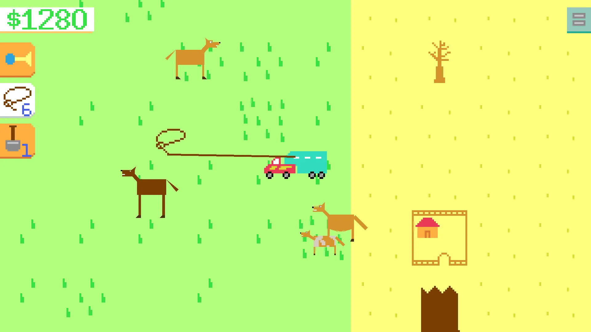 Official Horsey Game Steam screenshot showing an open world route with horses and a vehicle