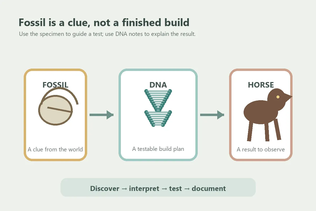 Editorial diagram showing a fossil clue leading to DNA notes and a horse test result