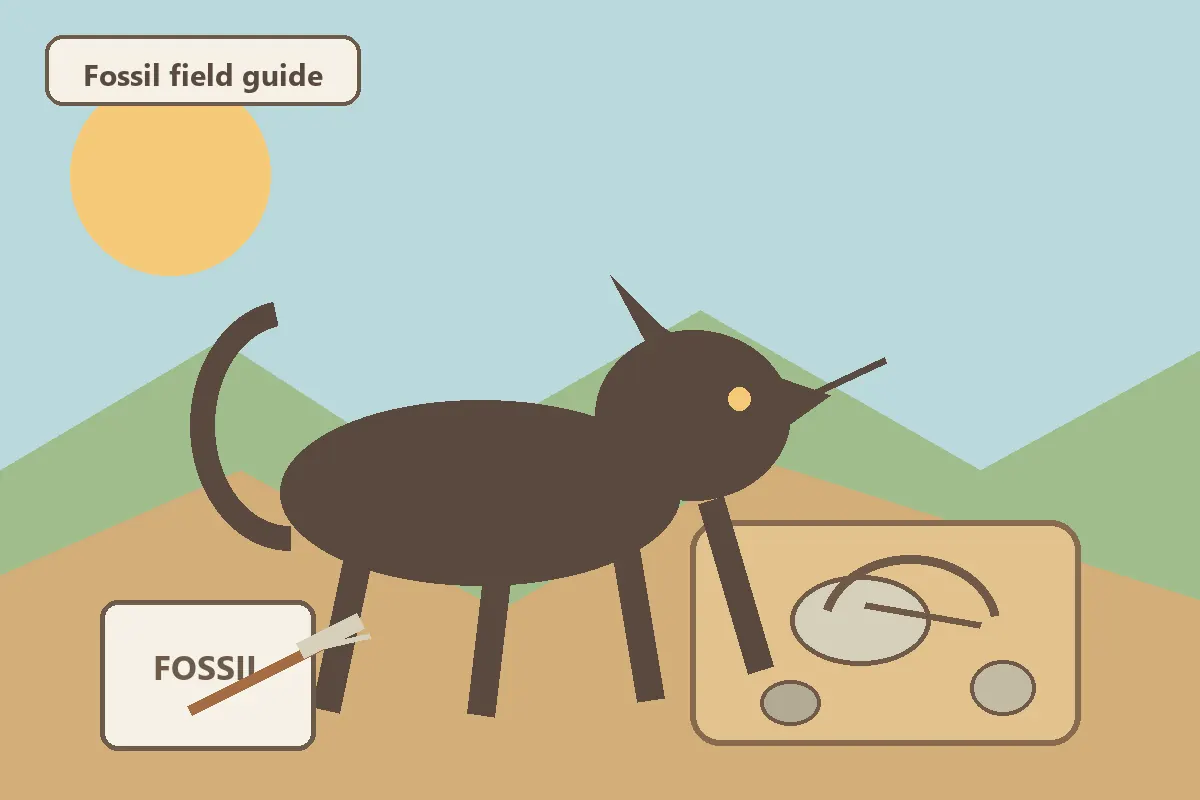 Editorial illustration of a Horsey Game horse, fossil fragments, and a field guide
