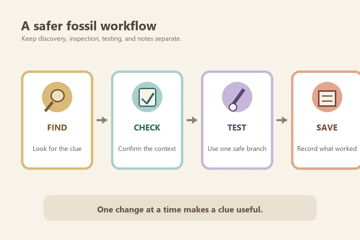 Editorial four-step diagram for finding and checking a fossil in Horsey Game