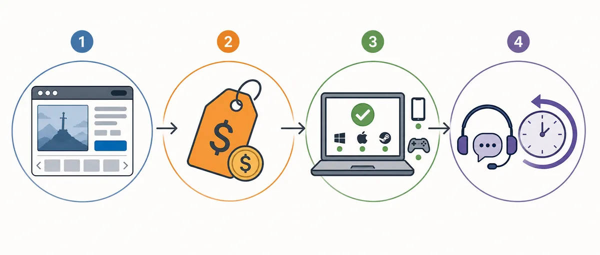 Editorial step flow for checking Horsey Game store price, platform support, and refund timing