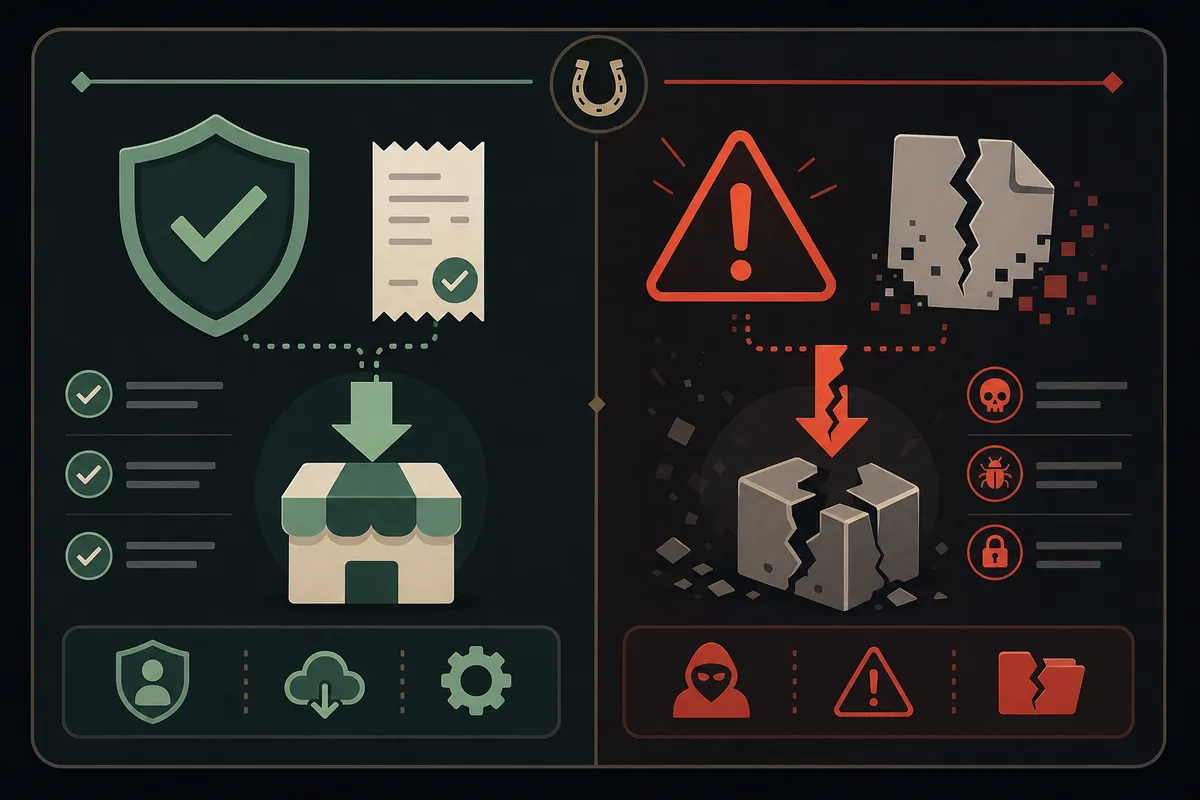 Editorial comparison of official store path versus unsafe free download path for Horsey Game