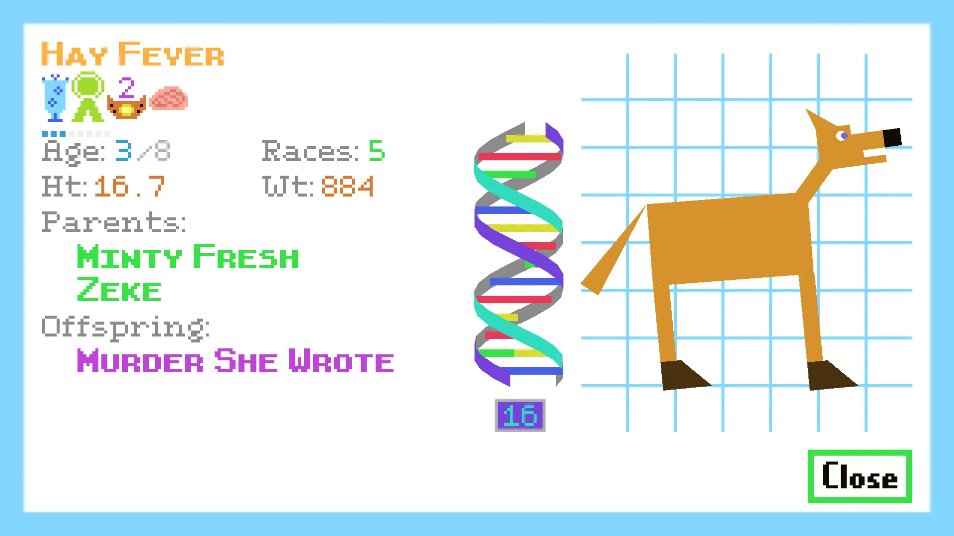 Official Horsey Game Steam screenshot showing a horse status panel with health, weight, parents and offspring