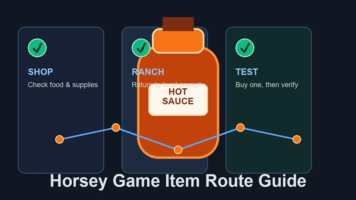 Tarjeta de guía de Hot Sauce del juego Horsey con lista de rancho, ruta de tienda y notas de inventario
