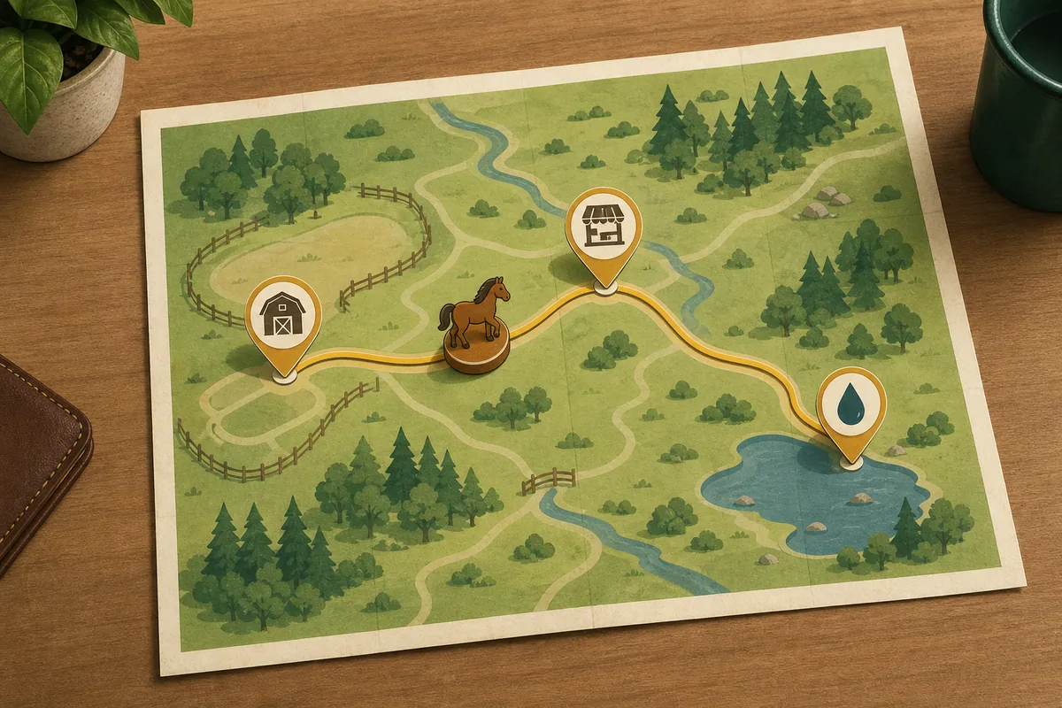 Editorial illustration of a non-official Horsey Game route map with ranch, shop, and water markers