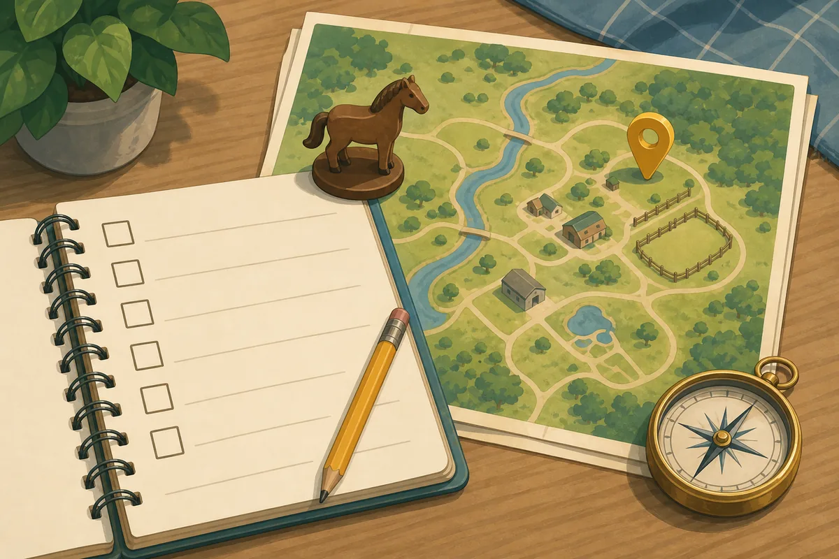 Editorial illustration of a notebook beside a Horsey Game style map for recording markers and route clues