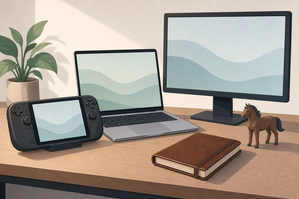 Illustration de vérifications de plateforme Horsey Game sur console portable, ordinateur portable et écran