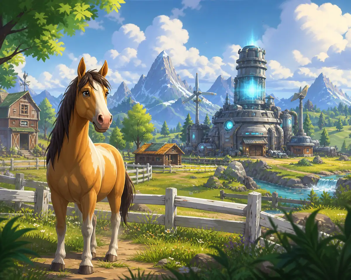 Editorial illustration of a Horsey Game style ranch beside a glowing power plant