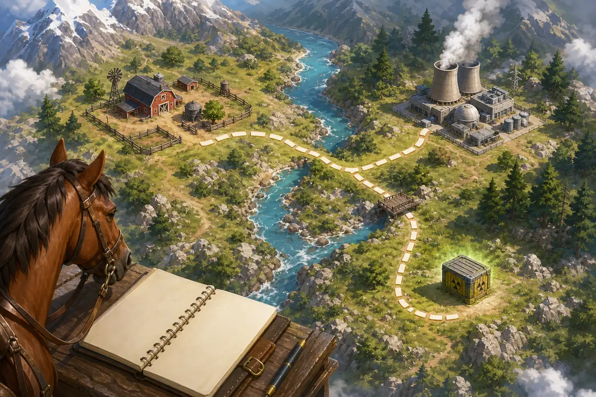 Editorial route illustration connecting a ranch, river, resource crate, and power plant