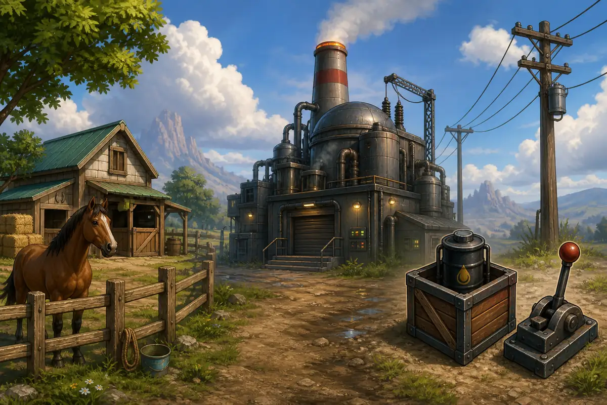 Editorial illustration of a horse ranch, power plant, fuel crate, and manual control lever