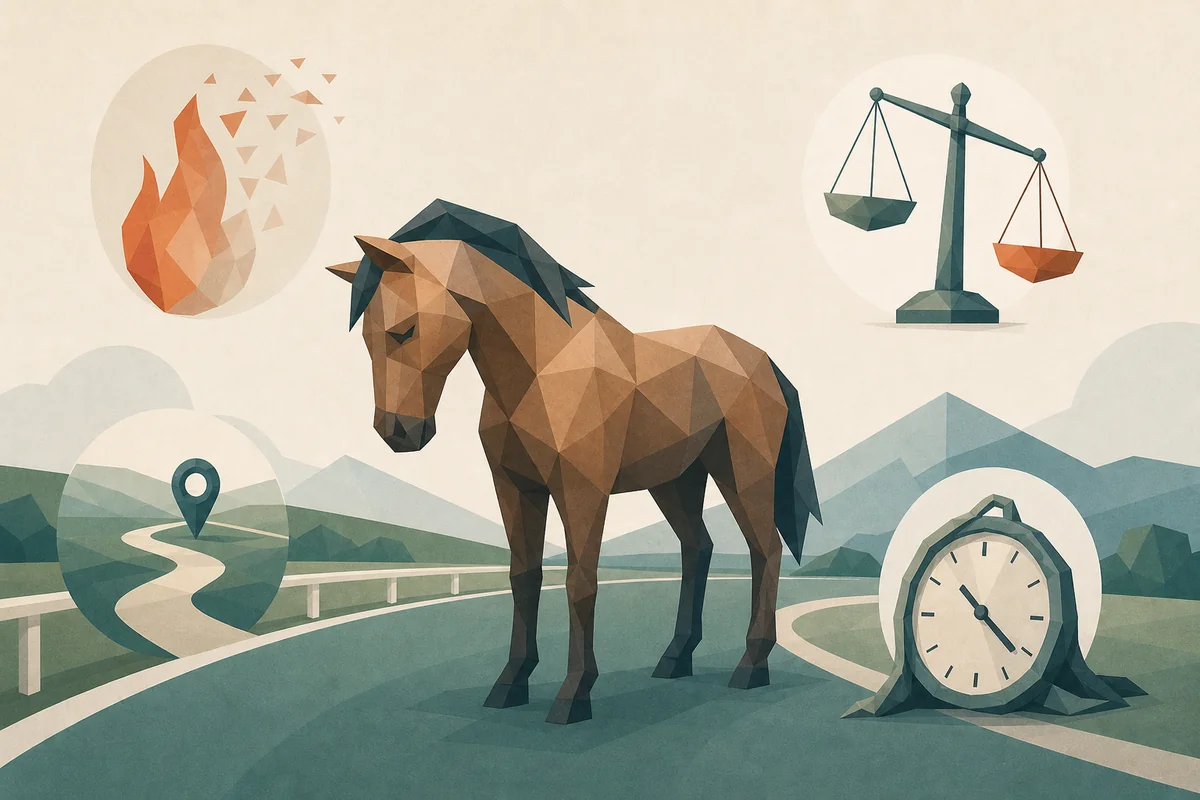 Illustrazione editoriale con indizi di resistenza, equilibrio, percorso e fatica intorno a un cavallo da gara