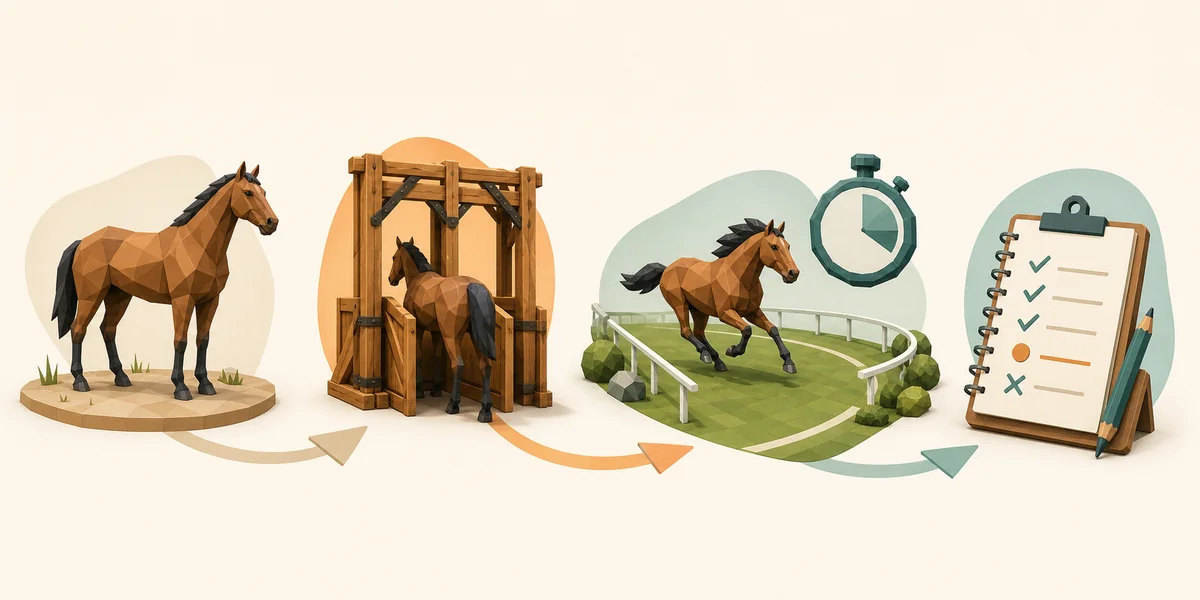 Illustrazione editoriale con cavallo base, cancello di partenza, pista, cronometro e appunti di test