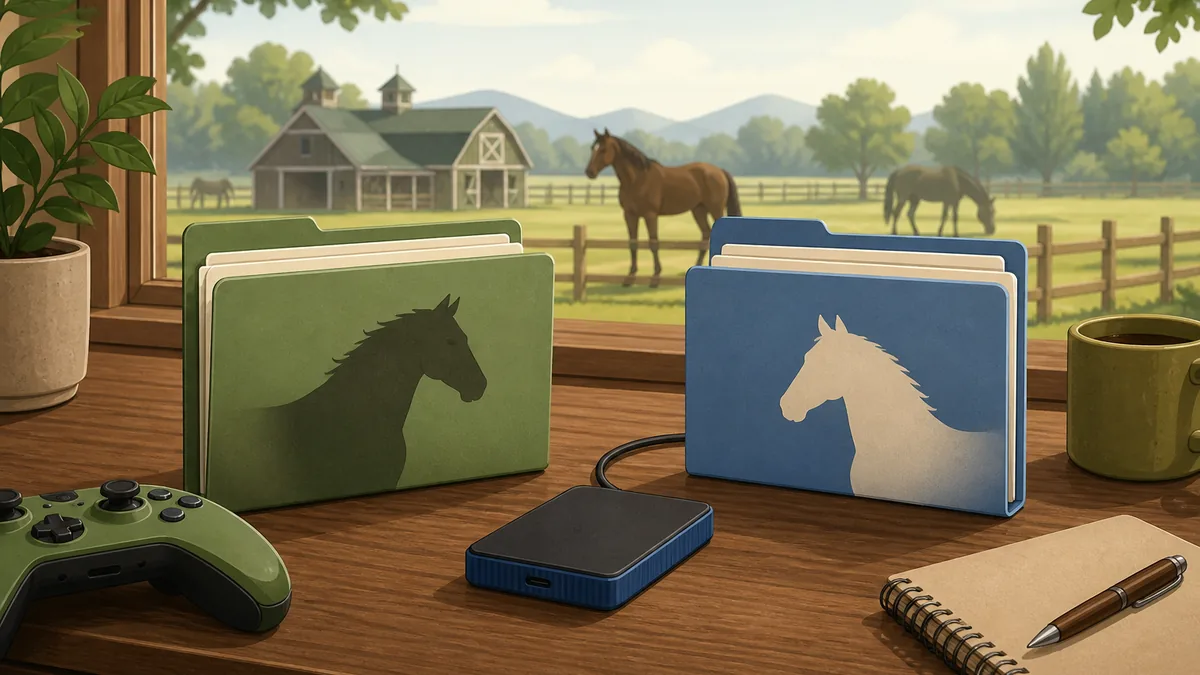 Ilustración editorial de dos carpetas de guardado de Horsey Game junto a un rancho y una unidad de copia