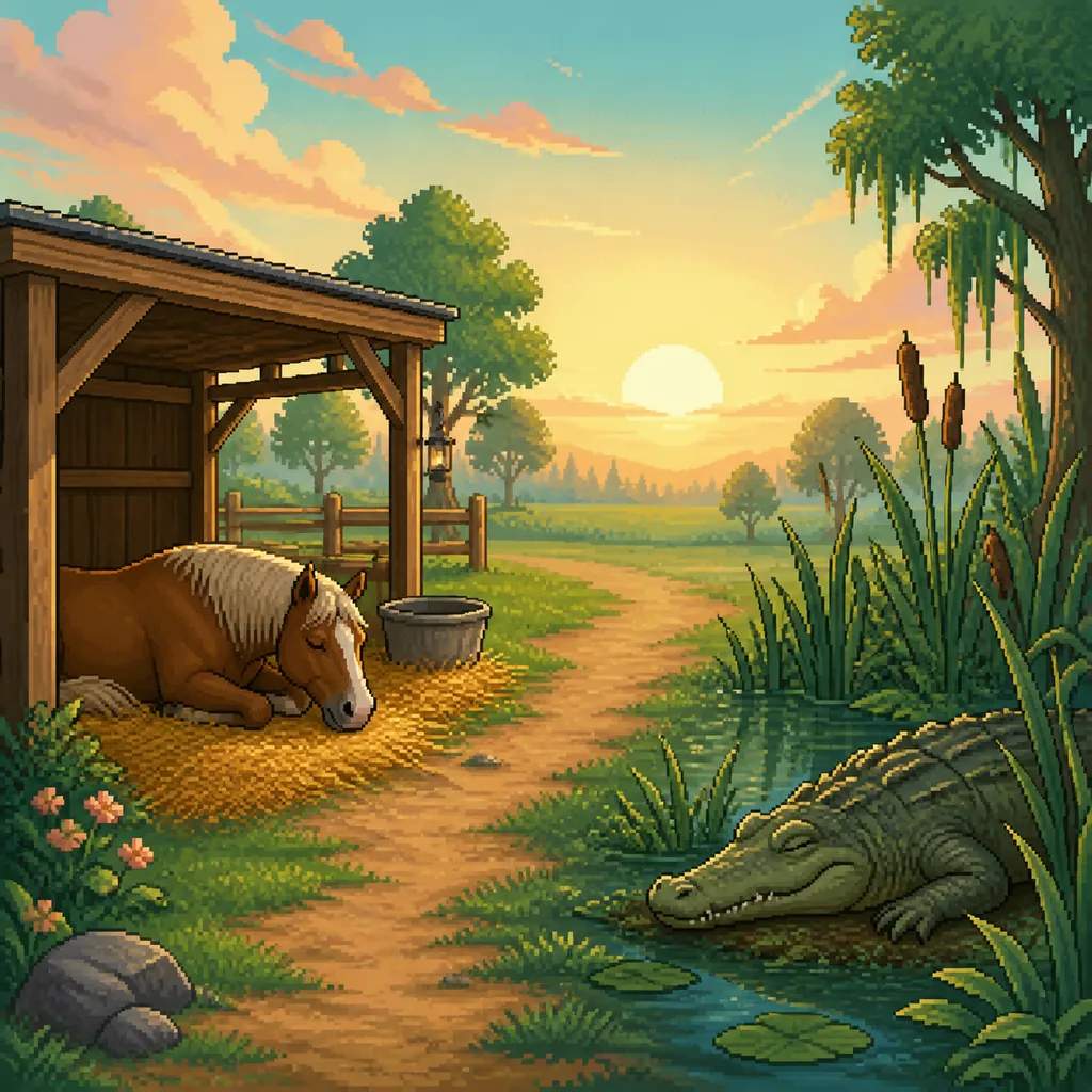 Editorial illustration of a resting horse at a ranch and a sleeping alligator beside a swamp path