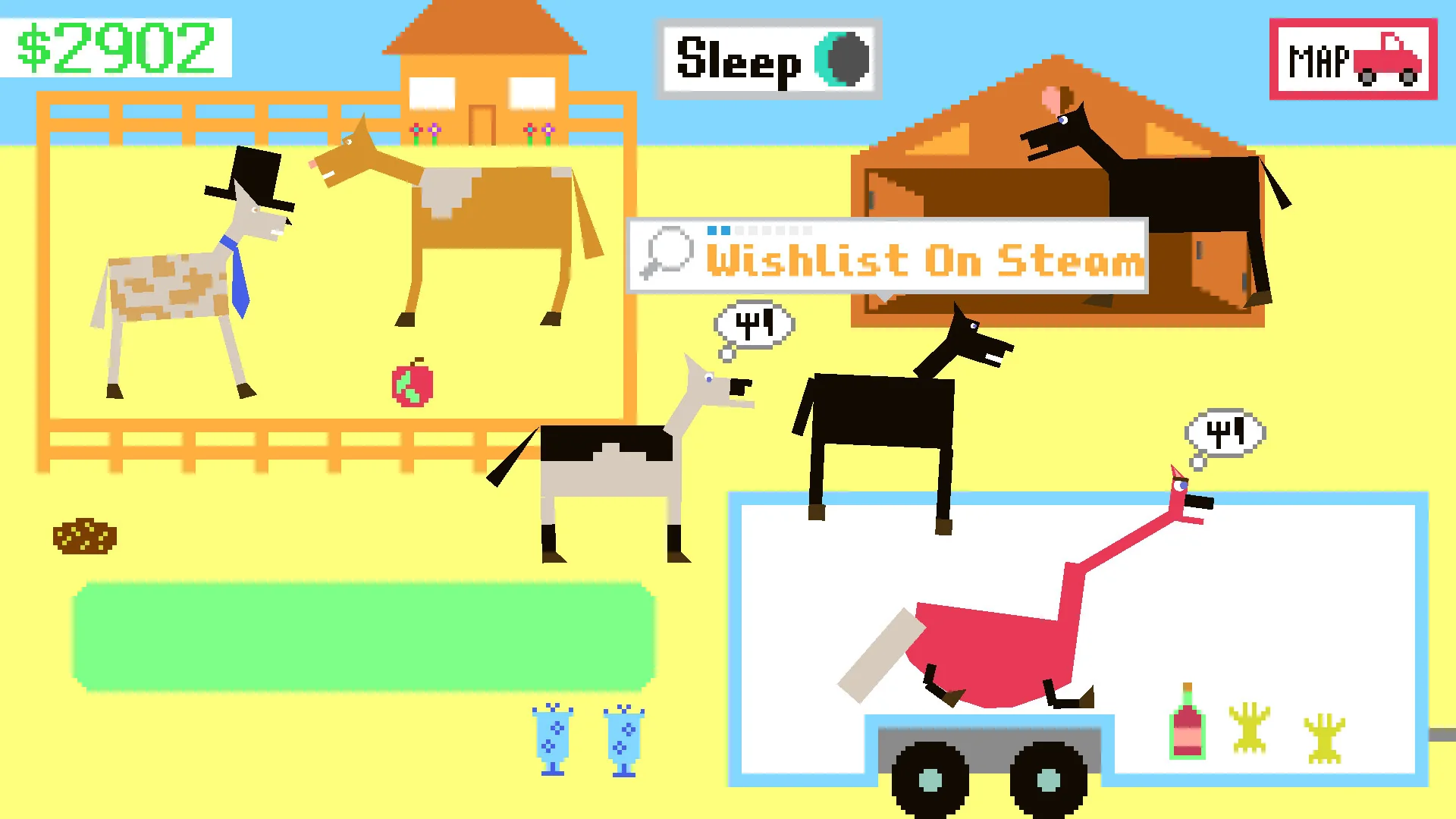 Official Horsey Game Steam screenshot showing a Sleep button above a ranch scene with horses