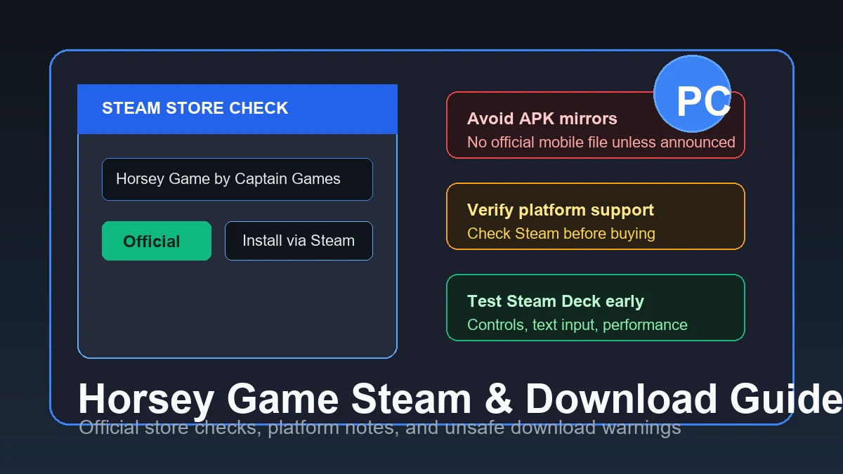 Guia de download do jogo Horsey na Steam com loja oficial, verificações de plataforma e avisos contra downloads inseguros