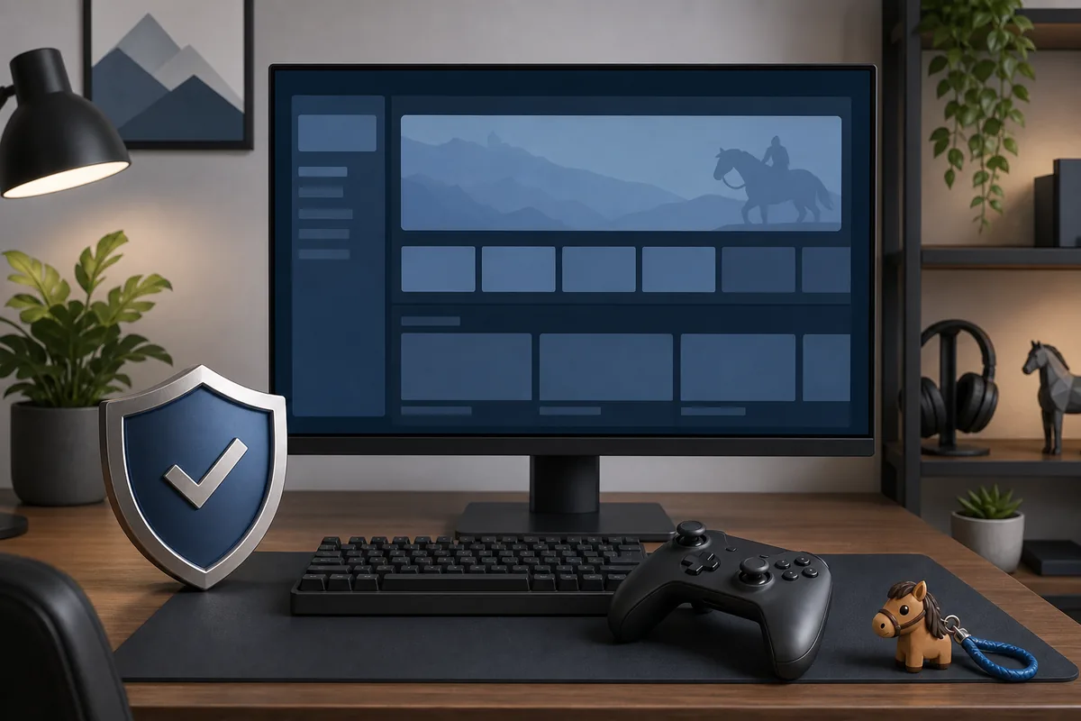 Illustration d’un téléchargement Steam sûr de Horsey Game avec bouclier et bureau de jeu
